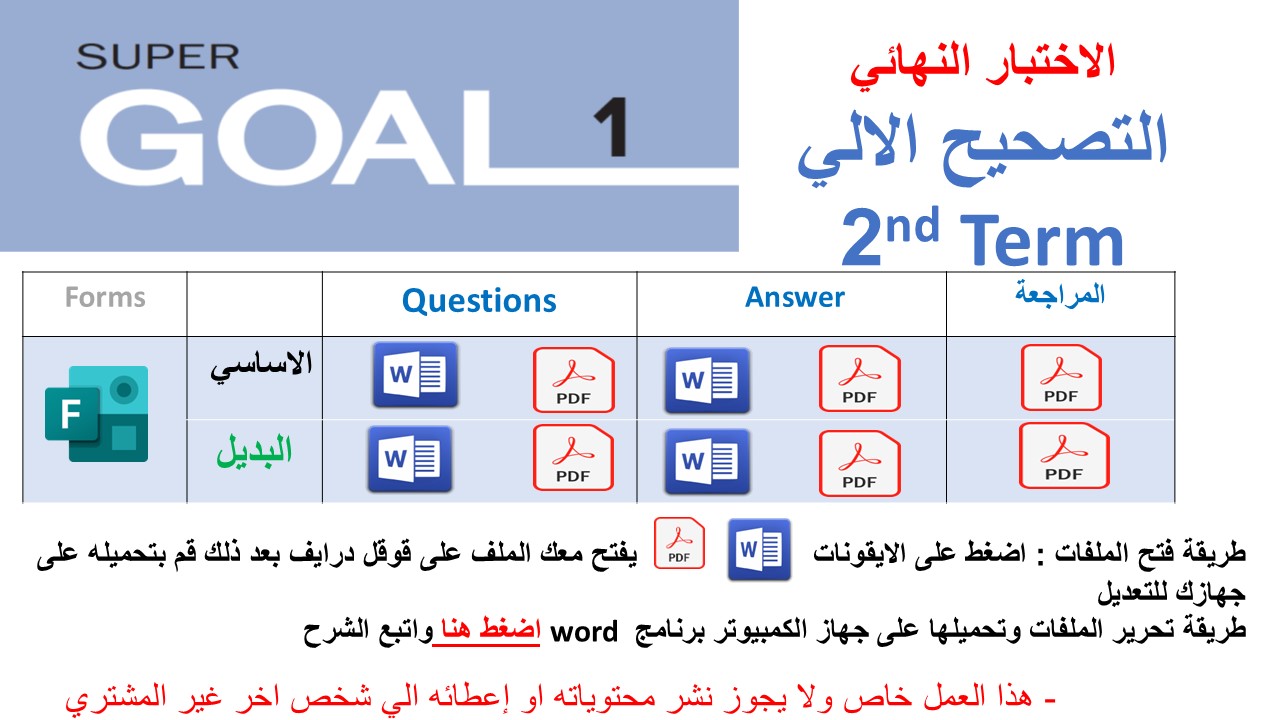 الاختبار النهائي منهج Super Goal 1 منهج الصف الأول متوسط - الفصل الدراسي الثاني  1447 + بديل + مراجعة  تصحيح الي